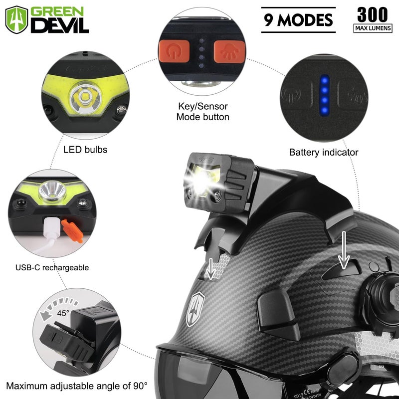GREEN DEVIL خوذة أمان ذات قبعة صلبة من GREEN DEVIL مع قناع واقي أذن بلوتوث ومصباح أمامي 5 في 1 حماية كاملة بفتحات تهوية للعمل Hardhat ANSI Z89.1 Cascos De Construccion لغابات البناء الصناعية - Image 4